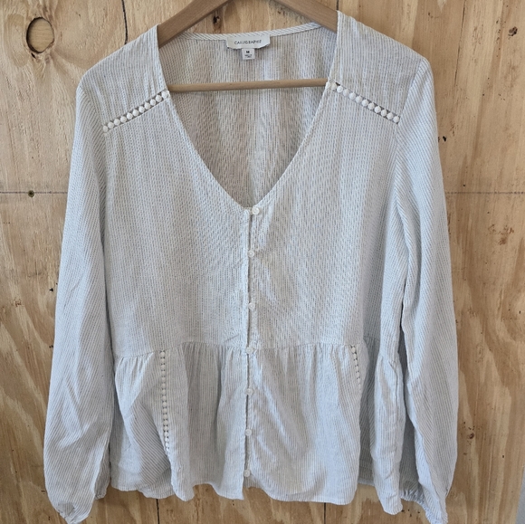 Calligraphie Blouse Sz M Linen Blend Women's Light Gray V-Neck Long Sleeve - Picture 2 of 13